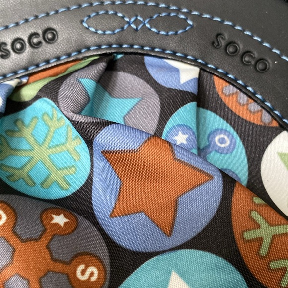 Soco shoulder bag stars, snowflakes ❄️ nylon /black leather! Blue stitching! - Picture 11 of 16